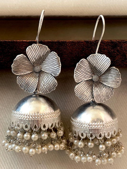 Oxidized Silver Replica Flower Top and Jhumka Earring