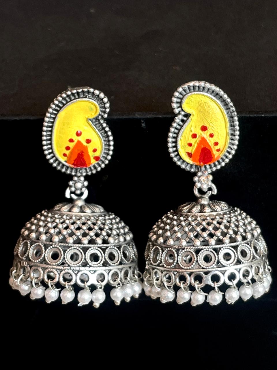 Hand Painted Top with Silver Replica Jhumka Earring