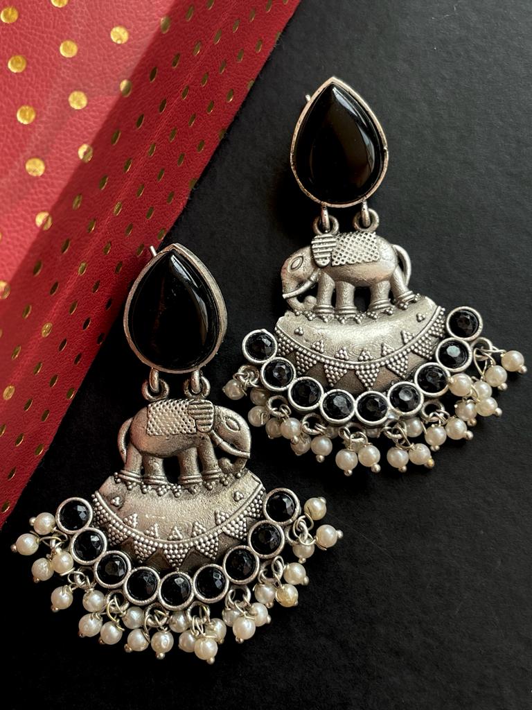 Monalisa Stone Silver Replica Elephant shape Oxidized Earring
