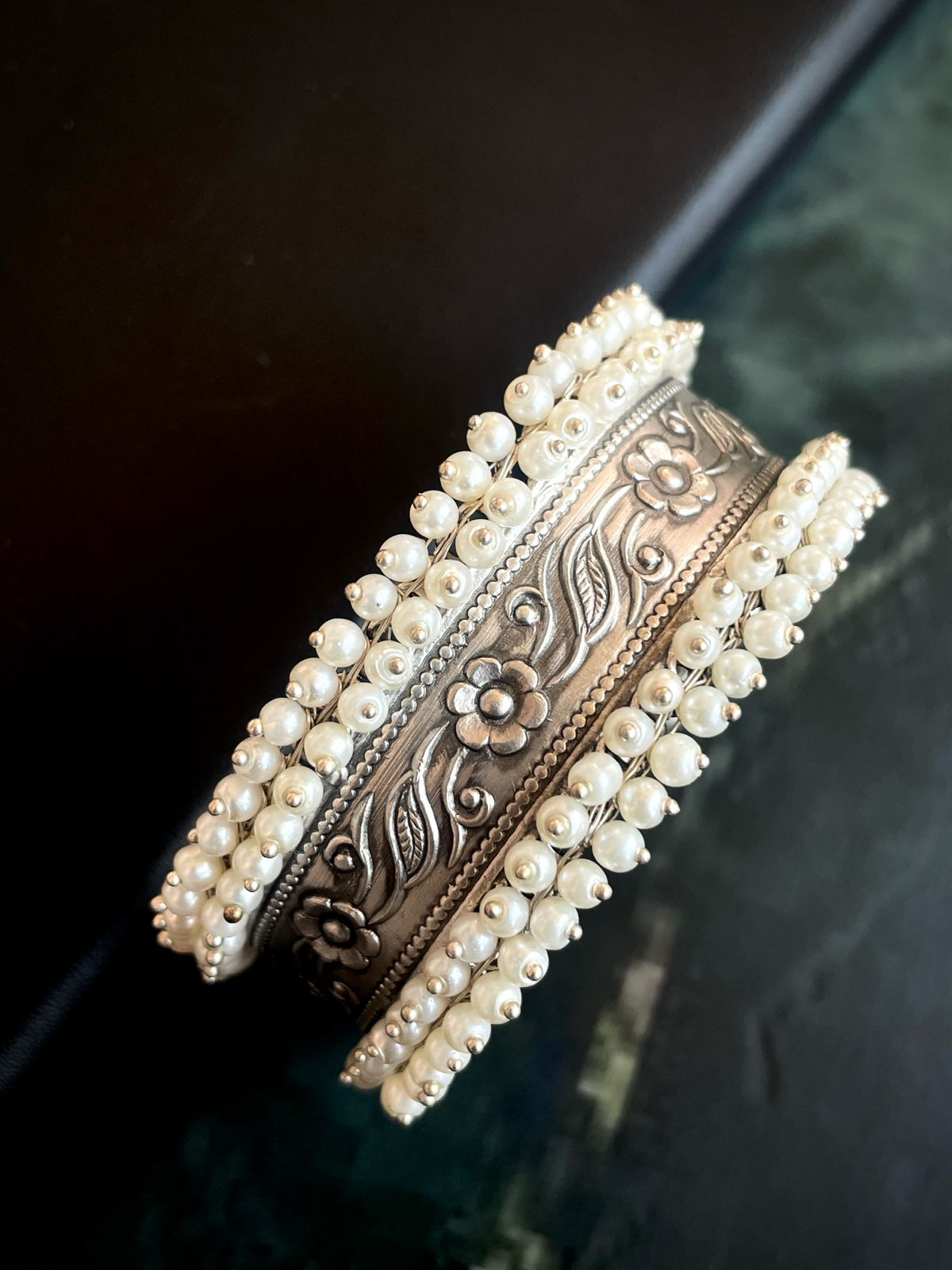 Silver Replica Oxidized Beaded Openable Kada