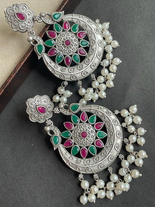 Silver Replica Big Chandbali Earring with Stones and Beads