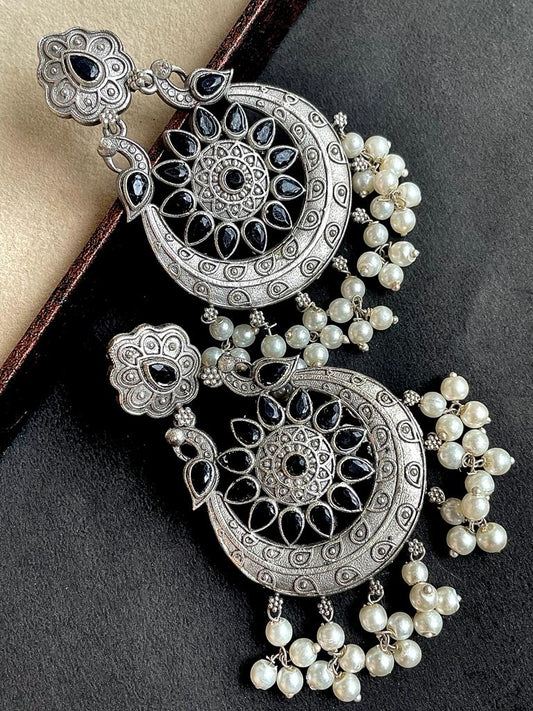 Silver Replica Big Chandbali Earring with Stones and Beads