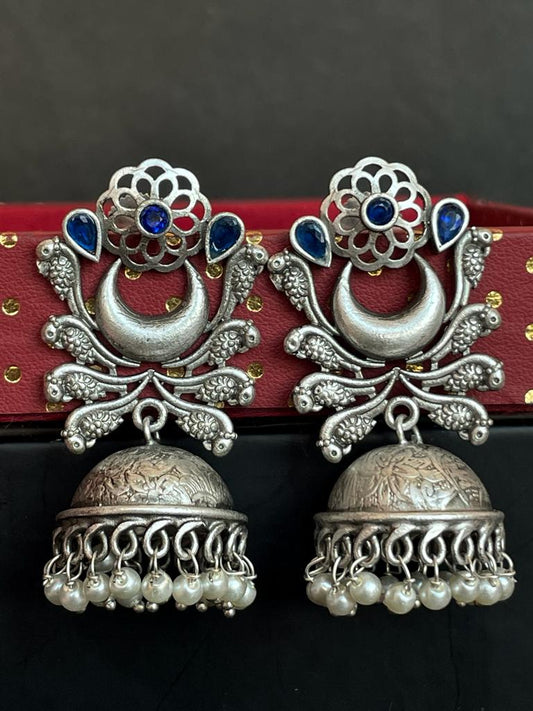 Silver Replica Geometrical Top with Jhumki Earring with Beads and stone