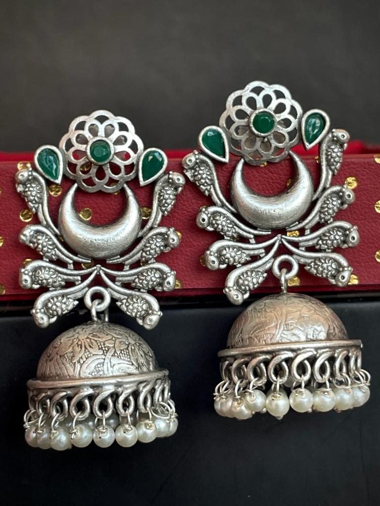 Silver Replica Geometrical Top with Jhumki Earring with Beads and stone