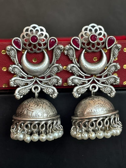 Silver Replica Geometrical Top with Jhumki Earring with Beads and stone