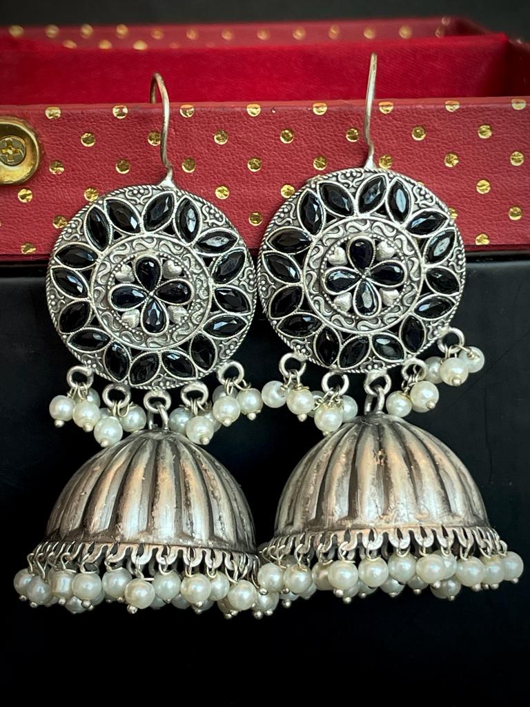 Black polish Antique Look Oxidized Top with stones and beads with Jhumki Earring