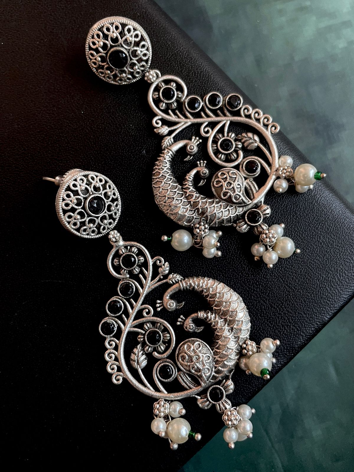 Silver Replica Peacock Shape Ethnic Beaded Earring