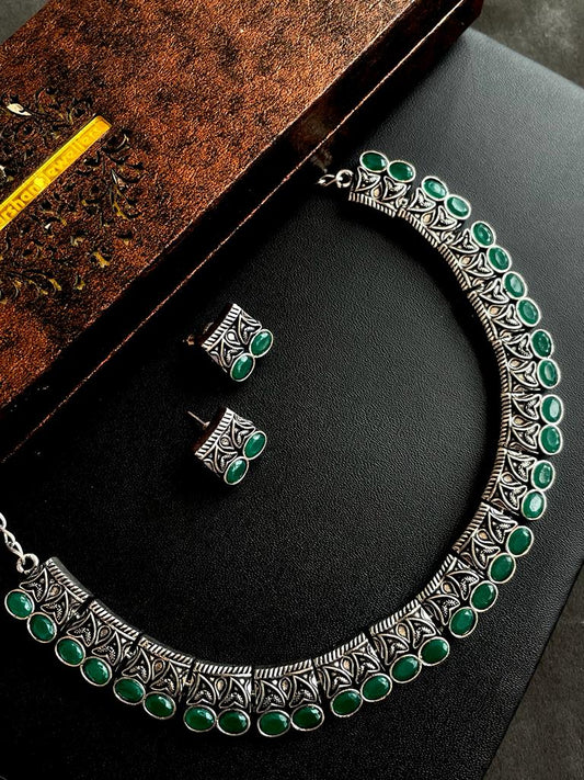 Oxidized Necklace with Earring set with stone work