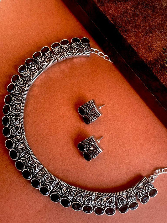 Oxidized Necklace with Earring set with stone work