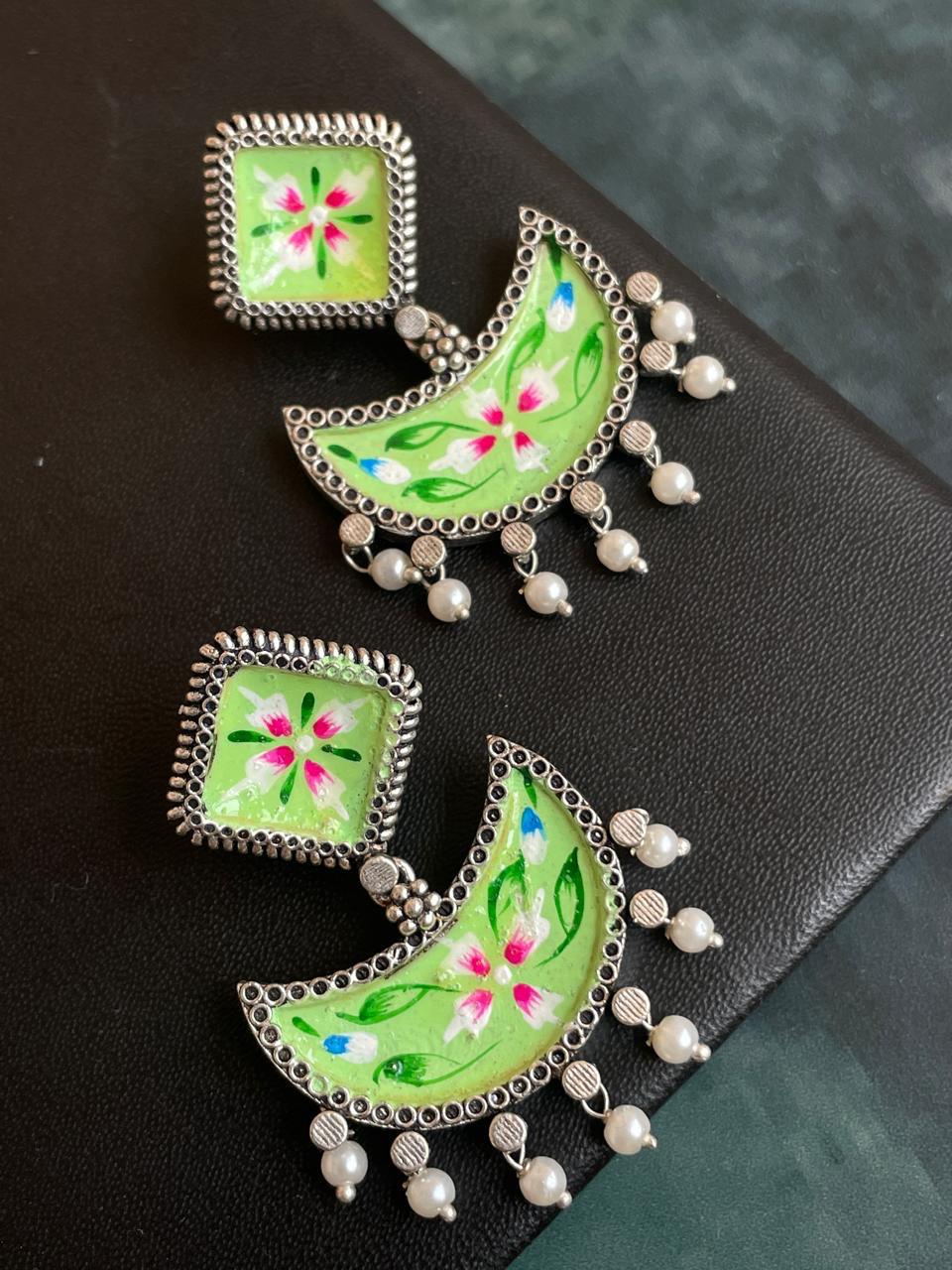 Hand Painted Ethnic Oxidized Chandbali Earring