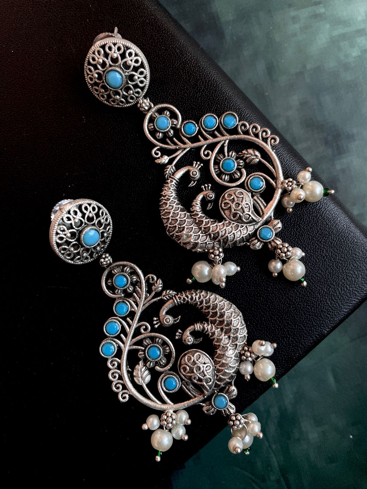 Silver Replica Peacock Shape Ethnic Beaded Earring