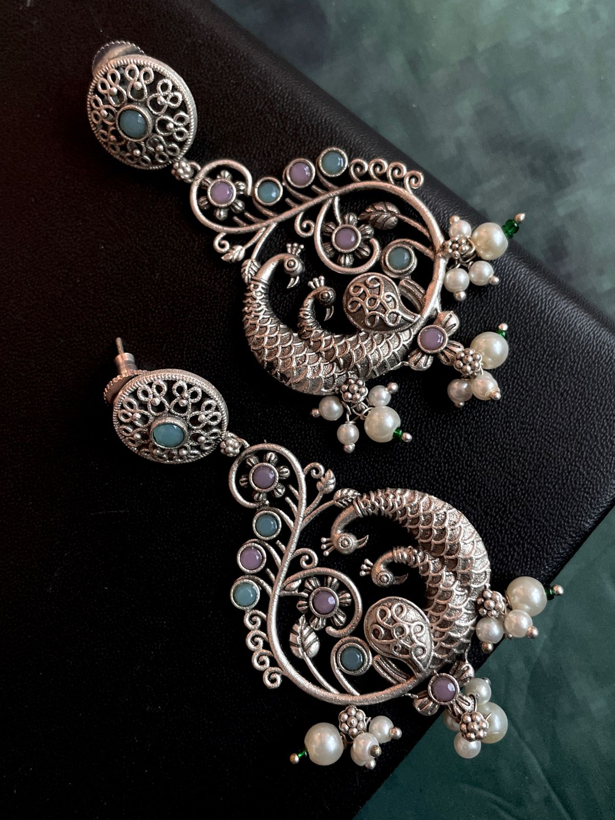 Silver Replica Peacock Shape Ethnic Beaded Earring