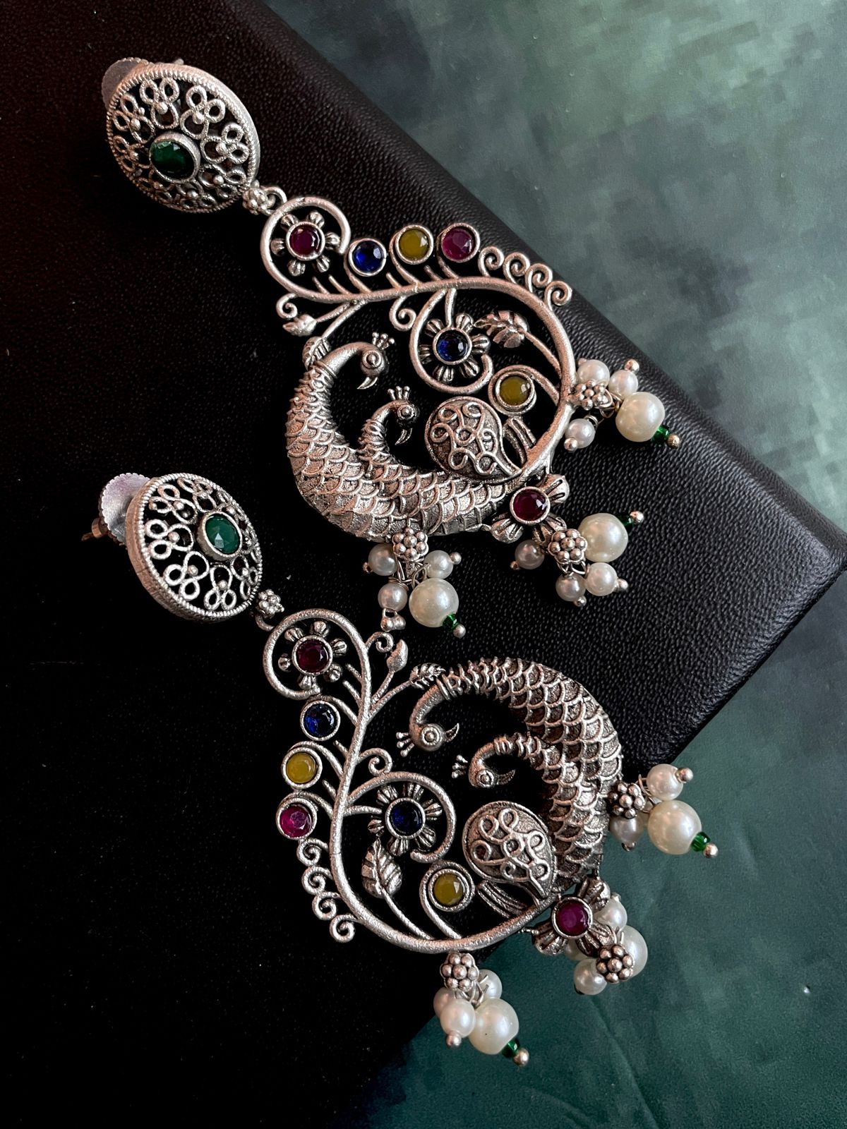 Silver Replica Peacock Shape Ethnic Beaded Earring