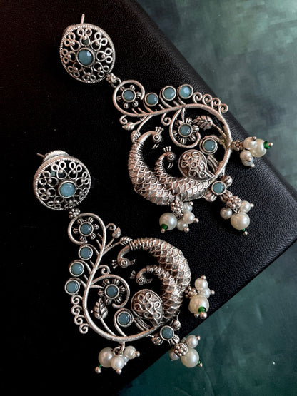 Silver Replica Peacock Shape Ethnic Beaded Earring