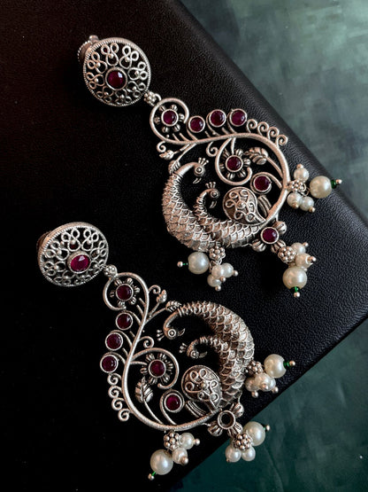 Silver Replica Peacock Shape Ethnic Beaded Earring