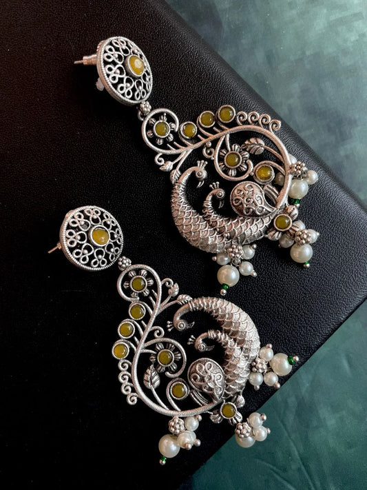 Silver Replica Peacock Shape Ethnic Beaded Earring