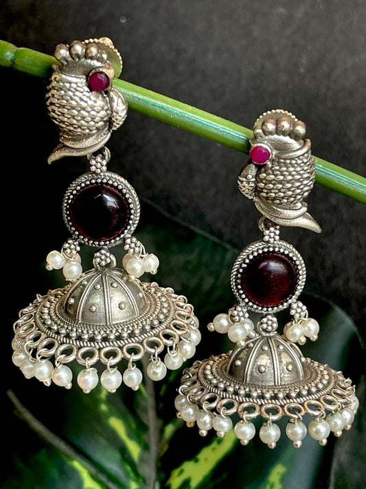 Silver Replica Mushroom Jhumki with Monalisa Stones Earring