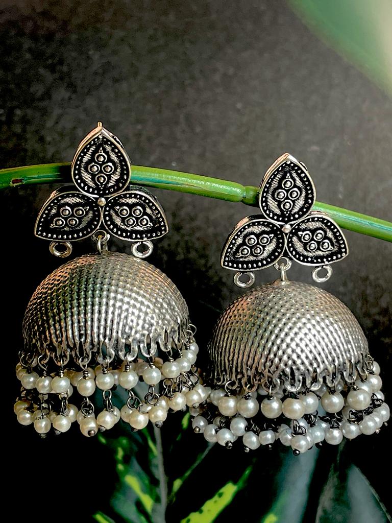 Oxidized Jhumka with double layer of beads Earring