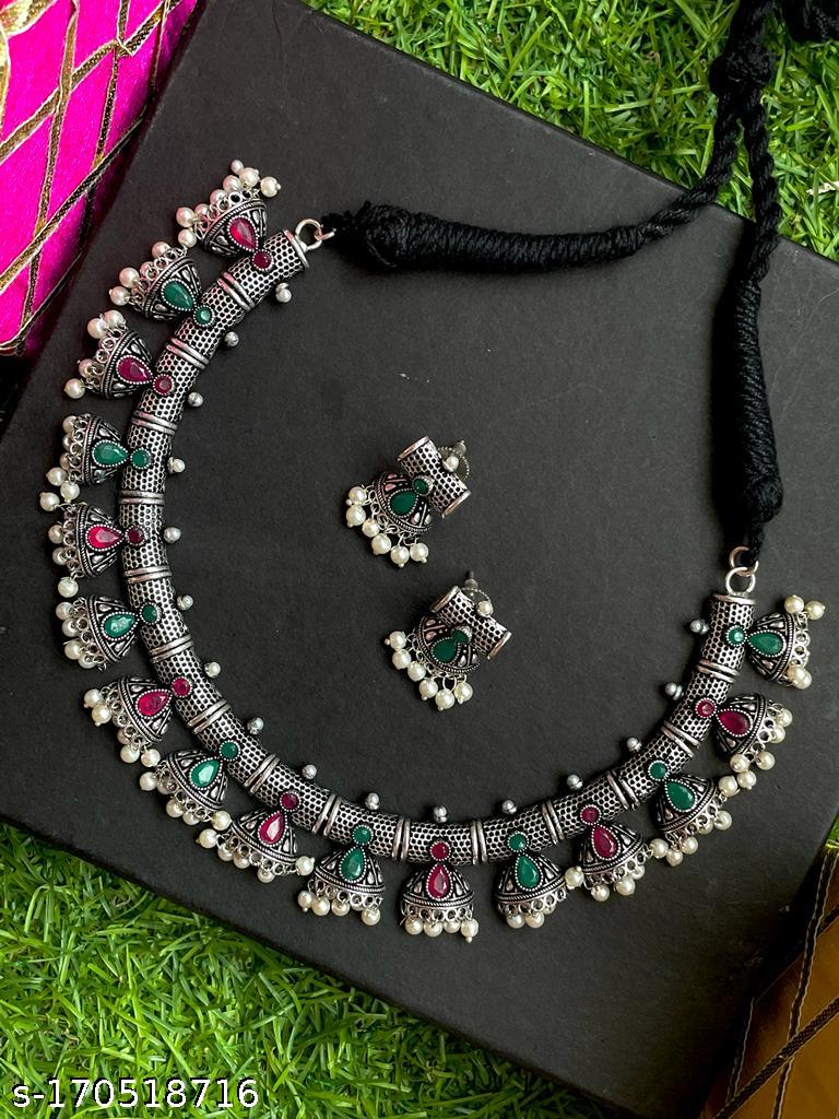 oxidized Choker with Earring set along with Monalisa stones