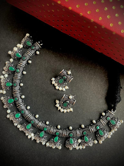 oxidized Choker with Earring set along with Monalisa stones