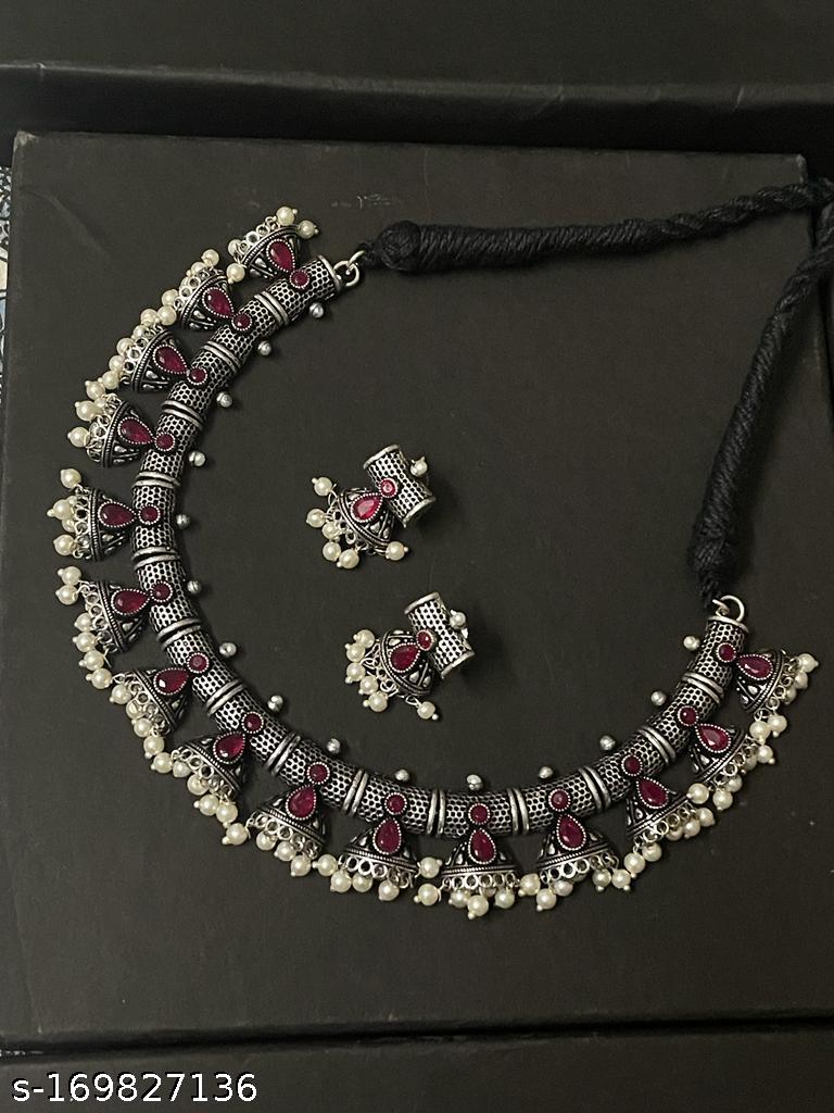 oxidized Choker with Earring set along with Monalisa stones