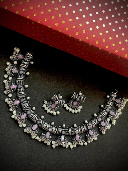oxidized Choker with Earring set along with Monalisa stones