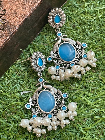 Ethnic Party wear Oxidized Drop earring with stone and beads