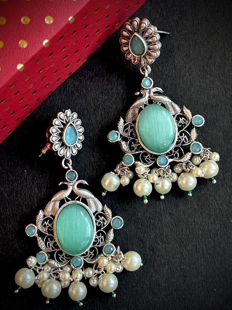 Ethnic Party wear Oxidized Drop earring with stone and beads