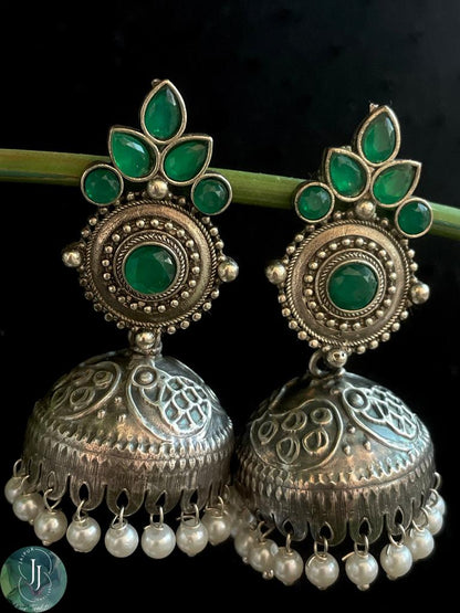 Oxidized Jhumka Earring in Black Polish with Stones