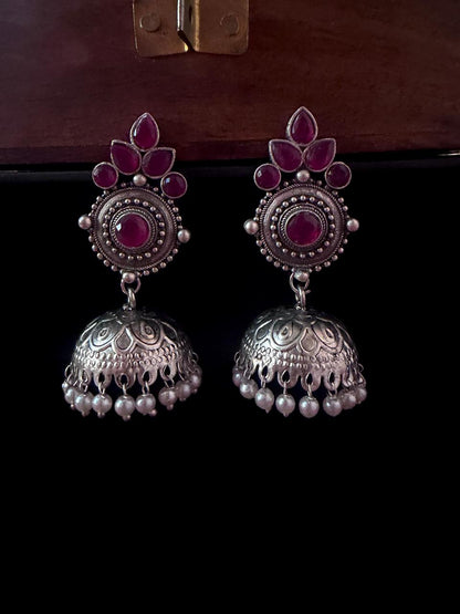 Oxidized Jhumka Earring in Black Polish with Stones
