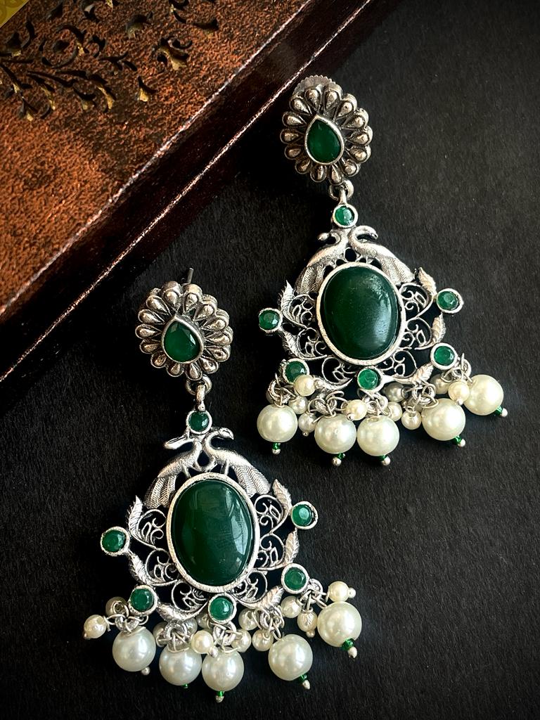 Ethnic Party wear Oxidized Drop earring with stone and beads