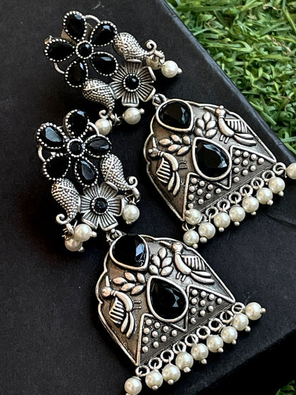 Ethnic Party wear Oxidized Drop earring with stone and beads
