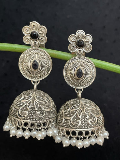 Silver Replica Dome Shape Jhumka Earring with stone and beads