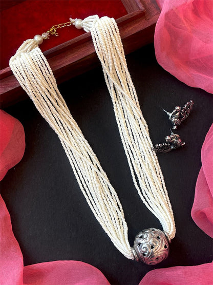 Oxidized Pendant Beaded Mala Necklace with Earring Set