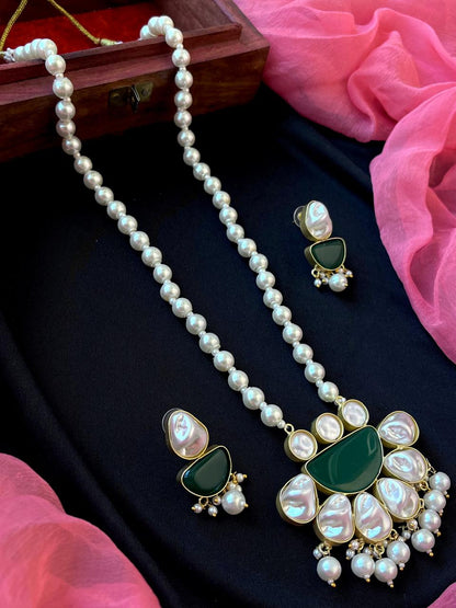Monalisa Stone with Shell Pearl Pendant Necklace with Earring set