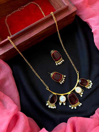 Monalisa Stone with Pearl Pendant chain Necklace and Earring set