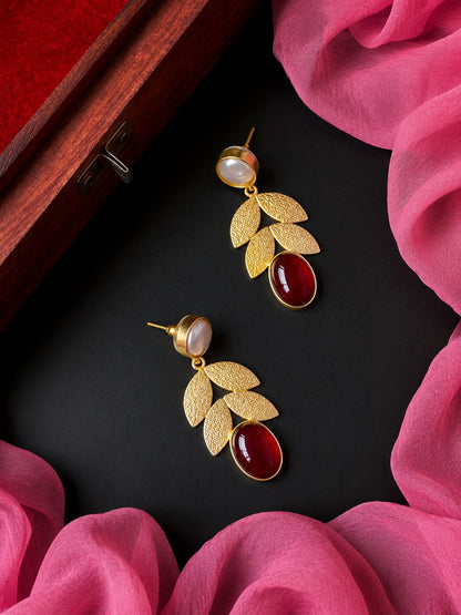 Monalisa Stone Sell Pearl Golden Leaf Earring