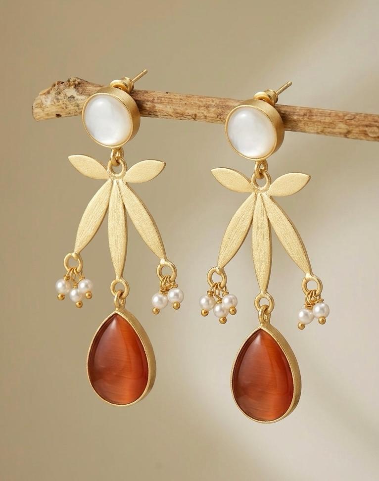 Monalisa Stone Shell Pearl Golden Geometrical Earring