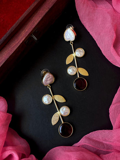 Monalisa Stone Shell Pearl Golden Leaf Earring