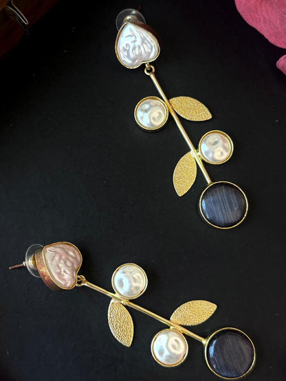 Monalisa Stone Shell Pearl Golden Leaf Earring