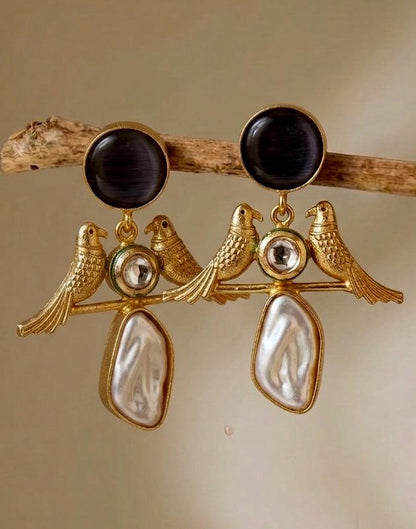 Monalisa Stone Shell Pearl Golden Bird Earring