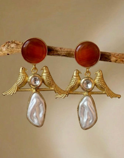 Monalisa Stone Shell Pearl Golden Bird Earring
