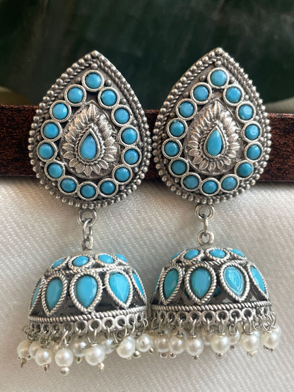 Silver Replica Jhumka Earring with Beads and stones