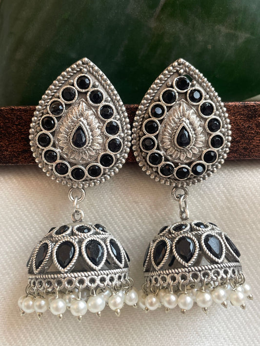 Silver Replica Jhumka Earring with Beads and stones