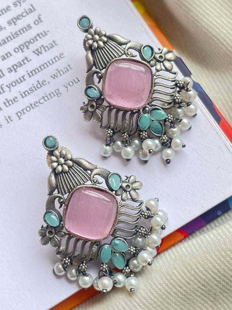 Silver Replica Monalisa Stone Beaded Stud Earring