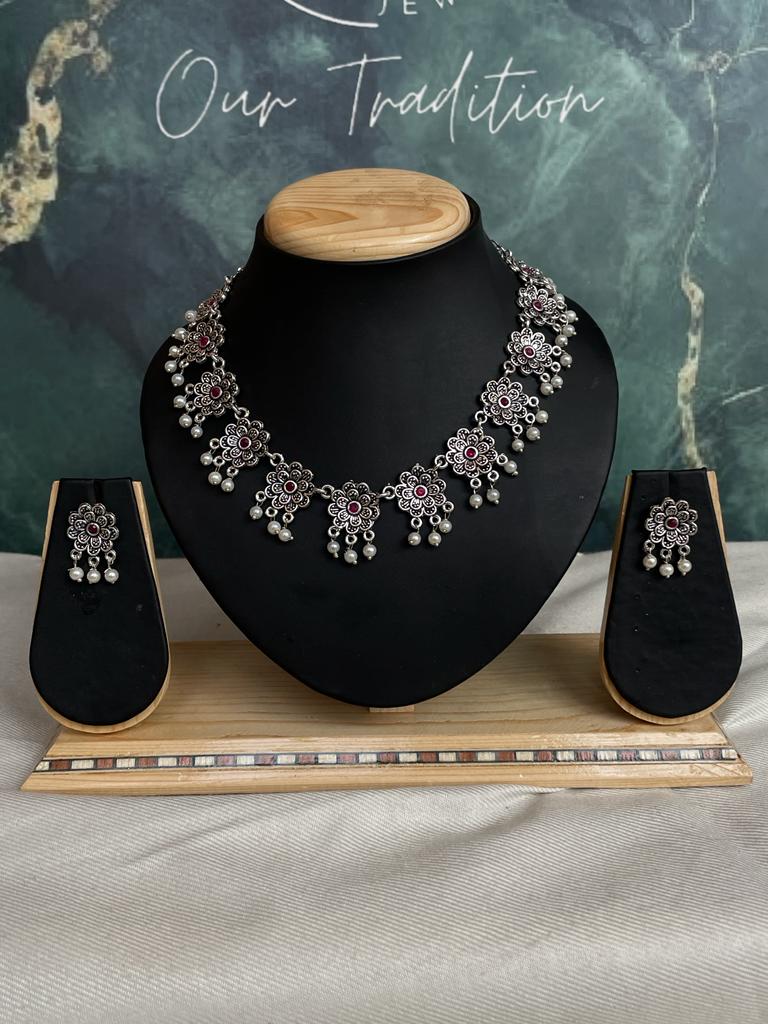 Oxidized Flower Motif Necklace with Earring set