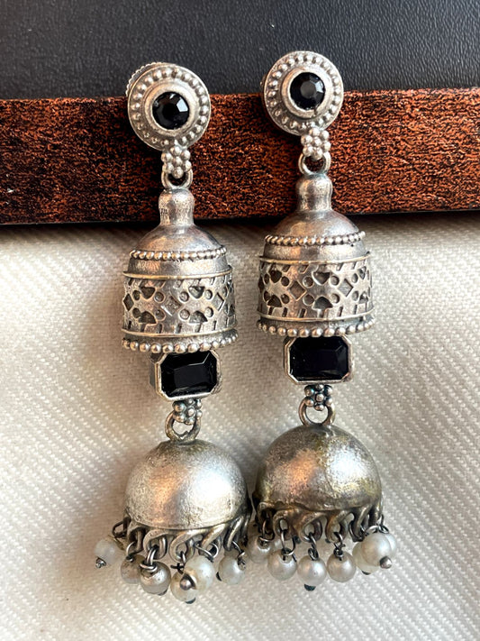 Oxidized Jhumki with Monalisa Stone Top Antique Look Earring