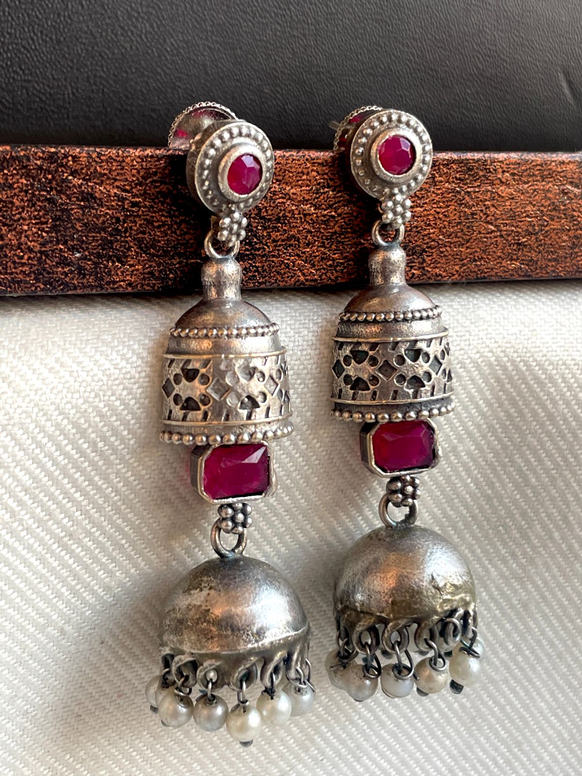 Oxidized Jhumki with Monalisa Stone Top Antique Look Earring