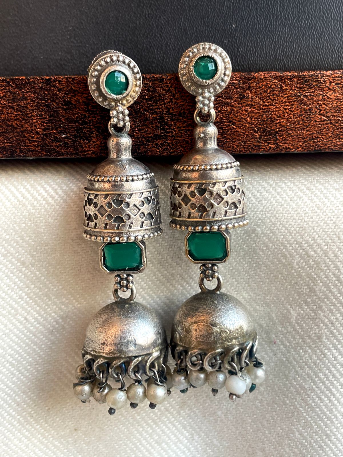 Oxidized Jhumki with Monalisa Stone Top Antique Look Earring