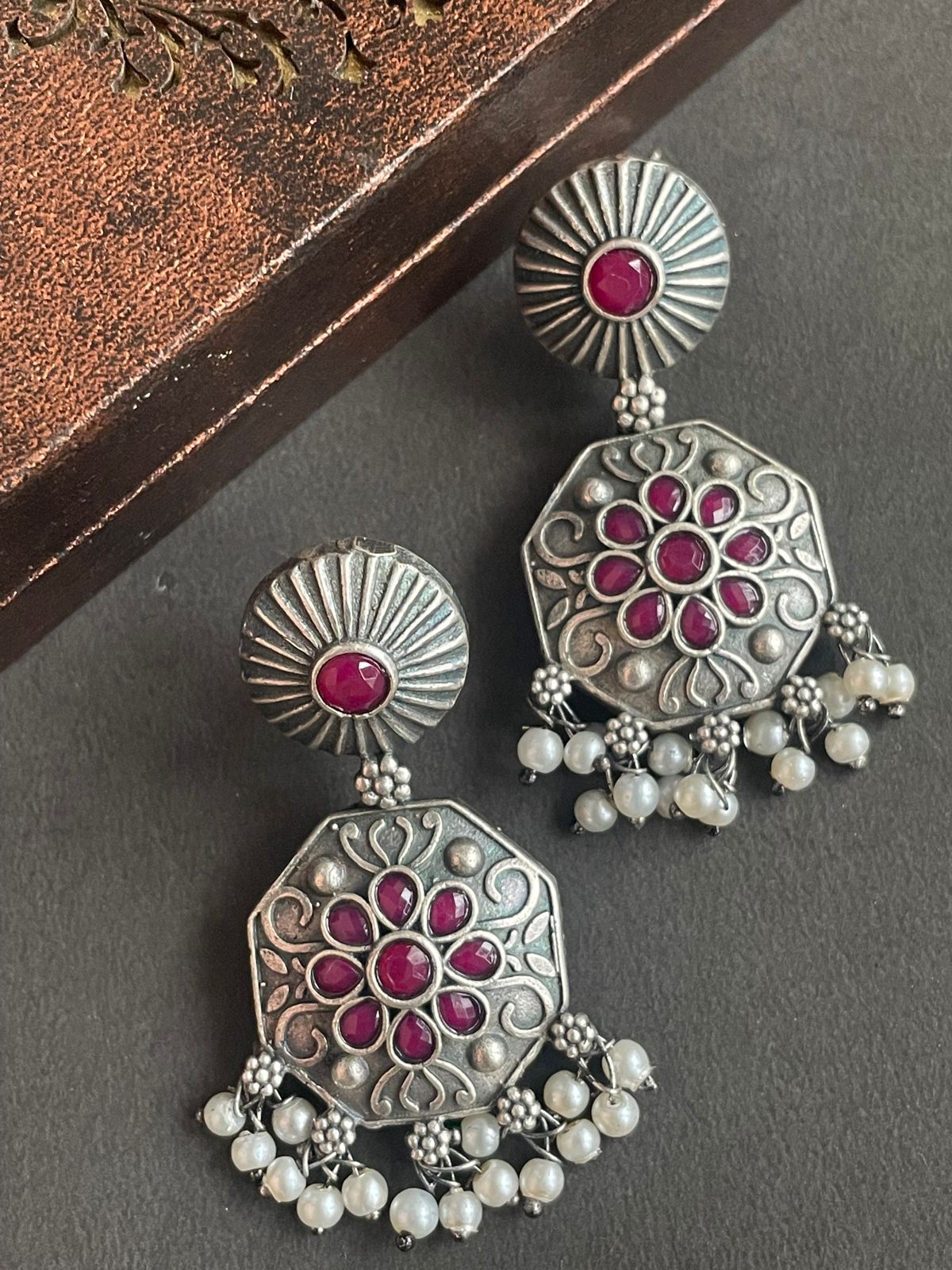 Black Polish Antique look Earring with stone work